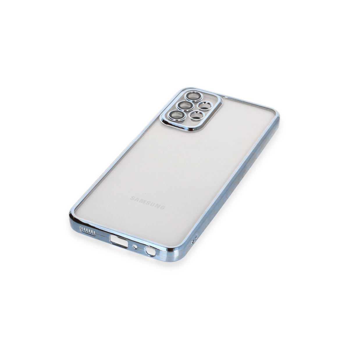 Mavi kenarlı ve kamera adacıklı şeffaf telefon kılıfı.