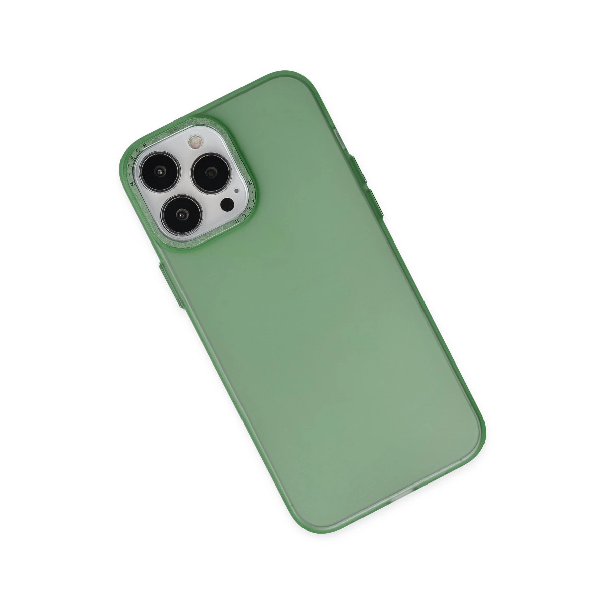 Beyaz arka plan üzerinde kamera oyuntulu yeşil telefon kılıfı.