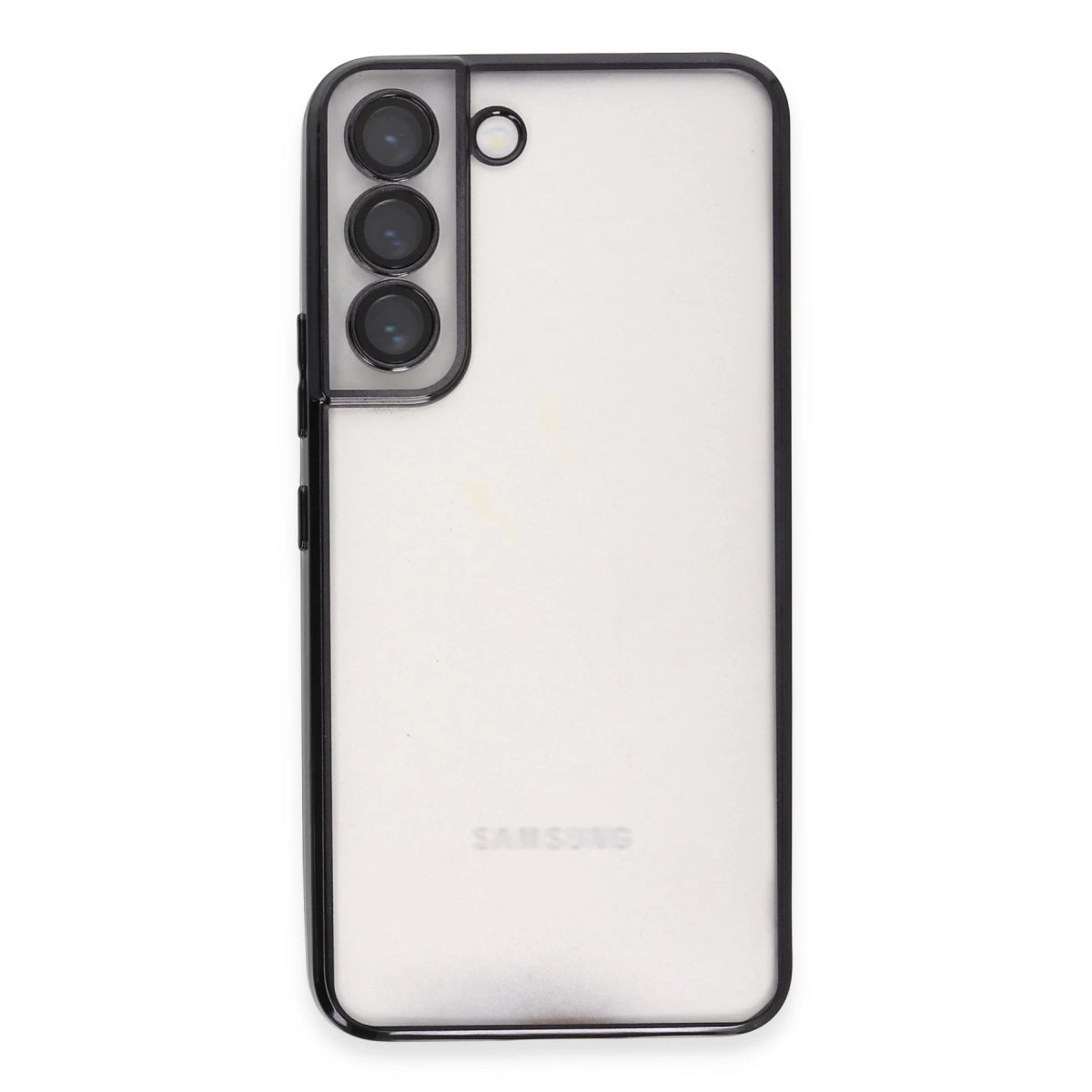 Üç kameralı ve Samsung logolu şeffaf telefon kılıfı.