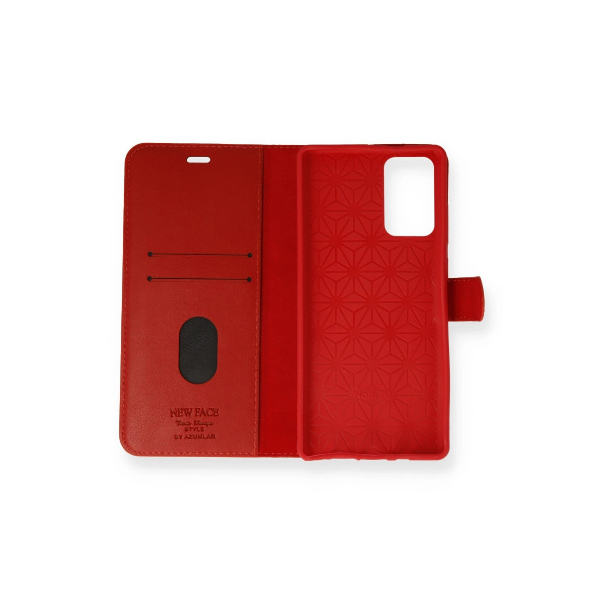 Kart yuvalı ve kabartmalı desenli kırmızı telefon kılıfı.