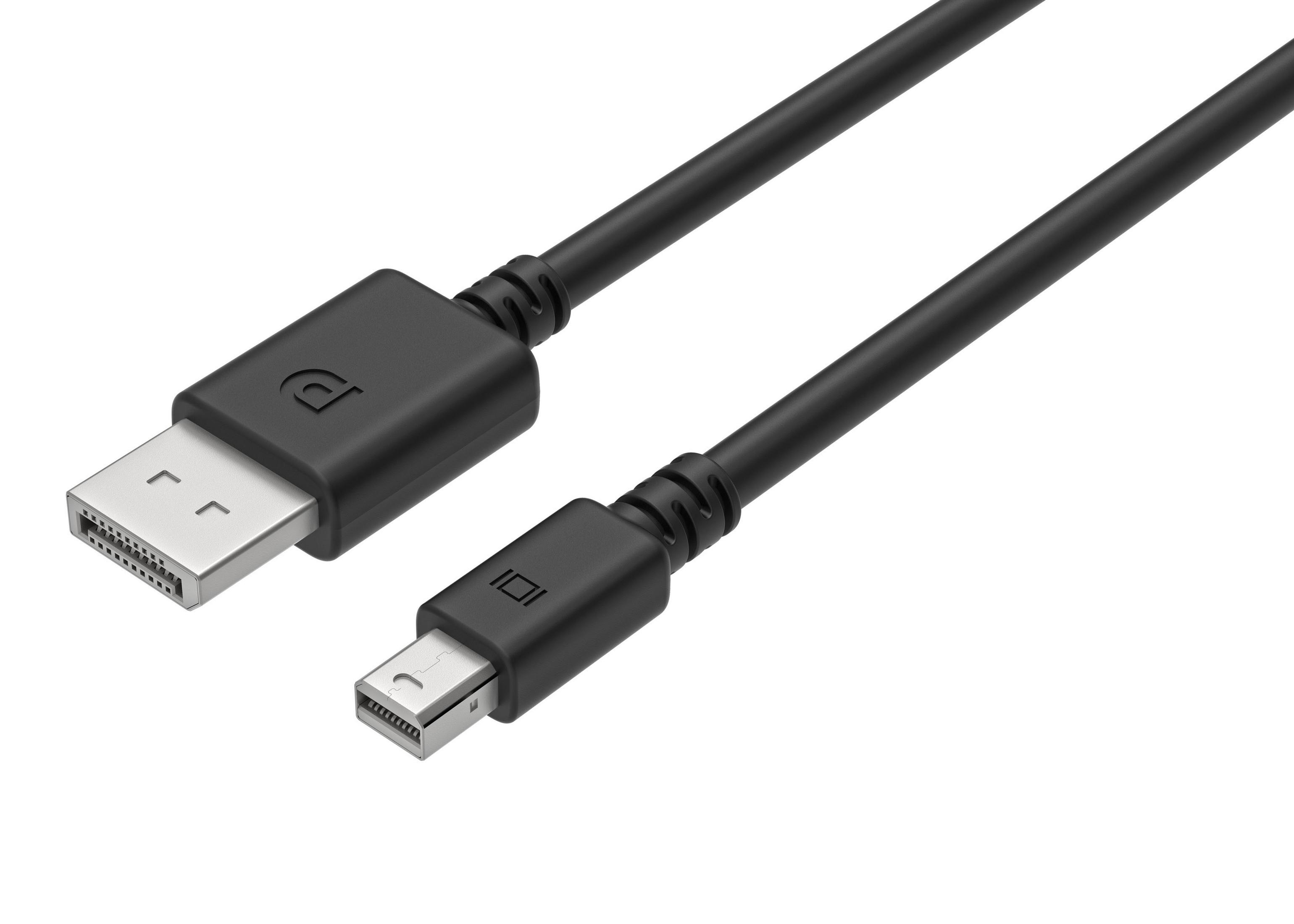 Een zwarte kabel met DisplayPort en Mini DisplayPort connectoren op witte achtergrond.