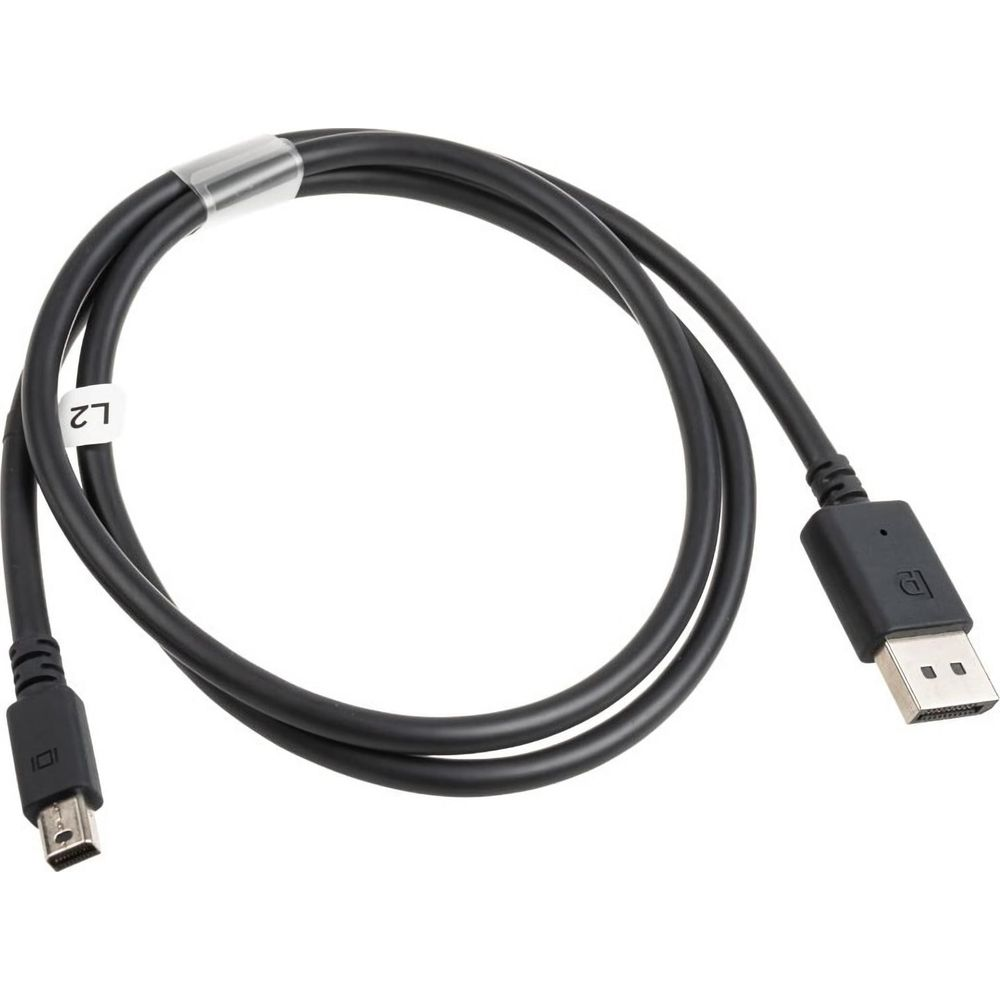 Zwarte kabel met DisplayPort en Mini DisplayPort connectoren op witte achtergrond.