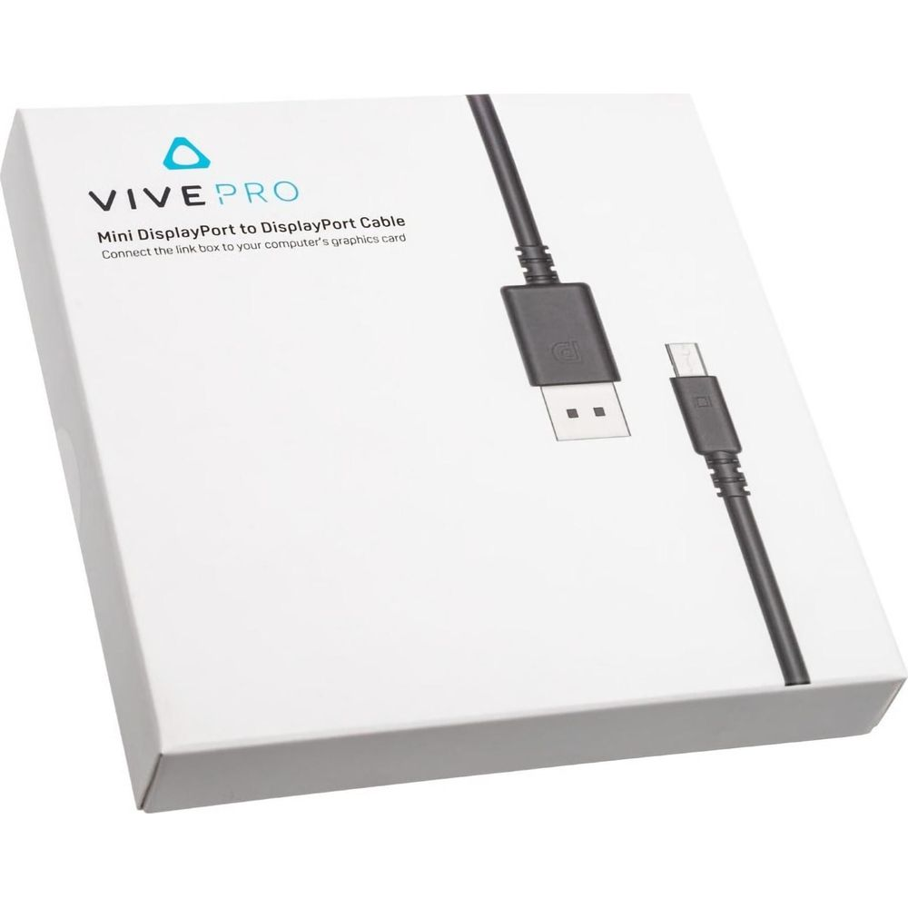 Witte doos met VIVE PRO logo en tekst die een Mini DisplayPort naar DisplayPort kabel beschrijft.