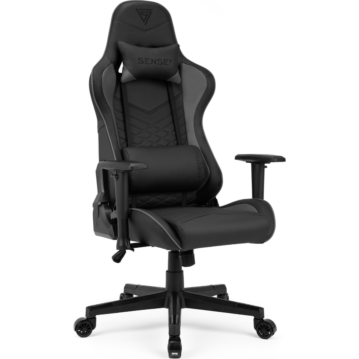 Silla gamer negra con reposacabezas y cojín lumbar, con ruedas.