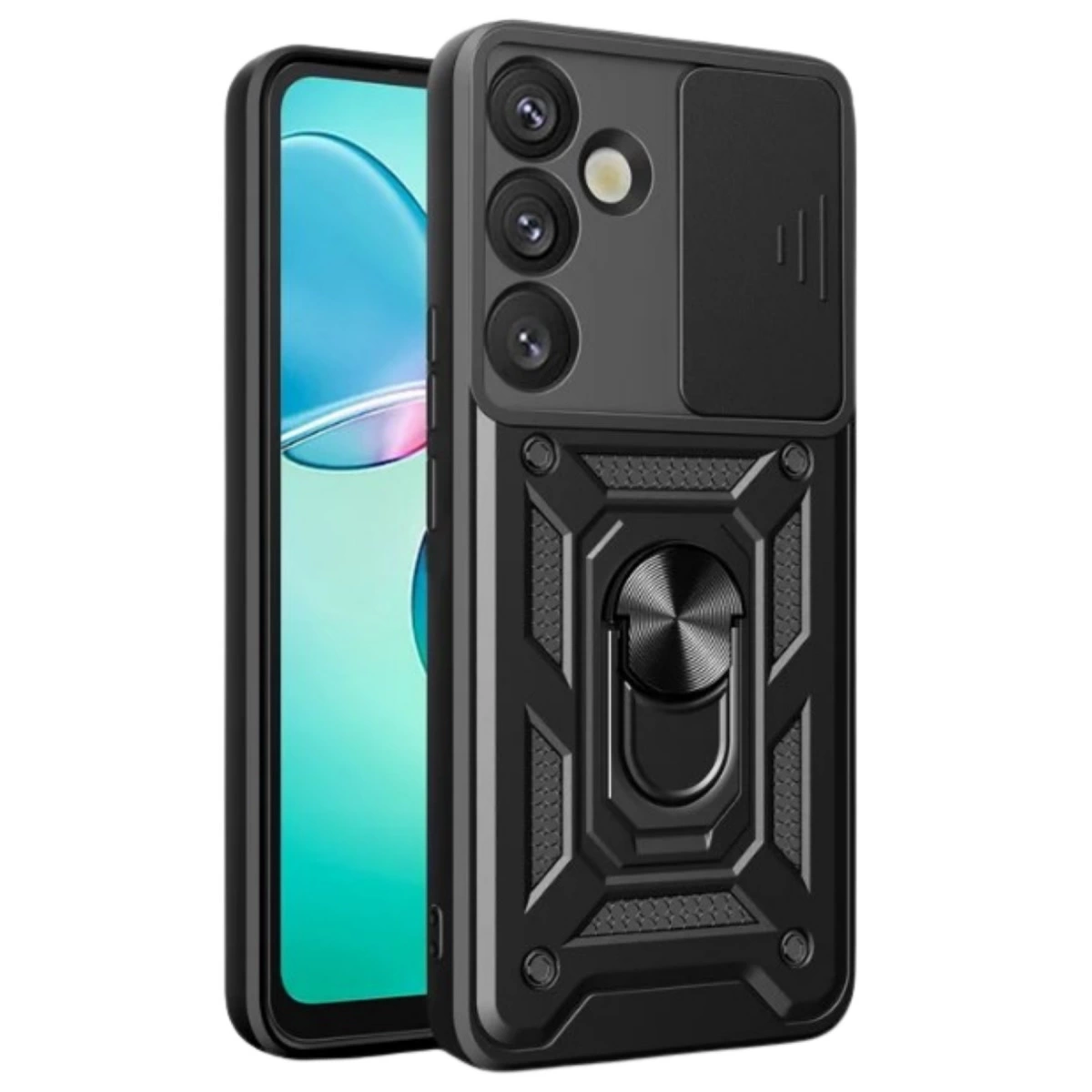Halka tutuculu ve kaydırılabilir kamera kapaklı siyah telefon kılıfı.