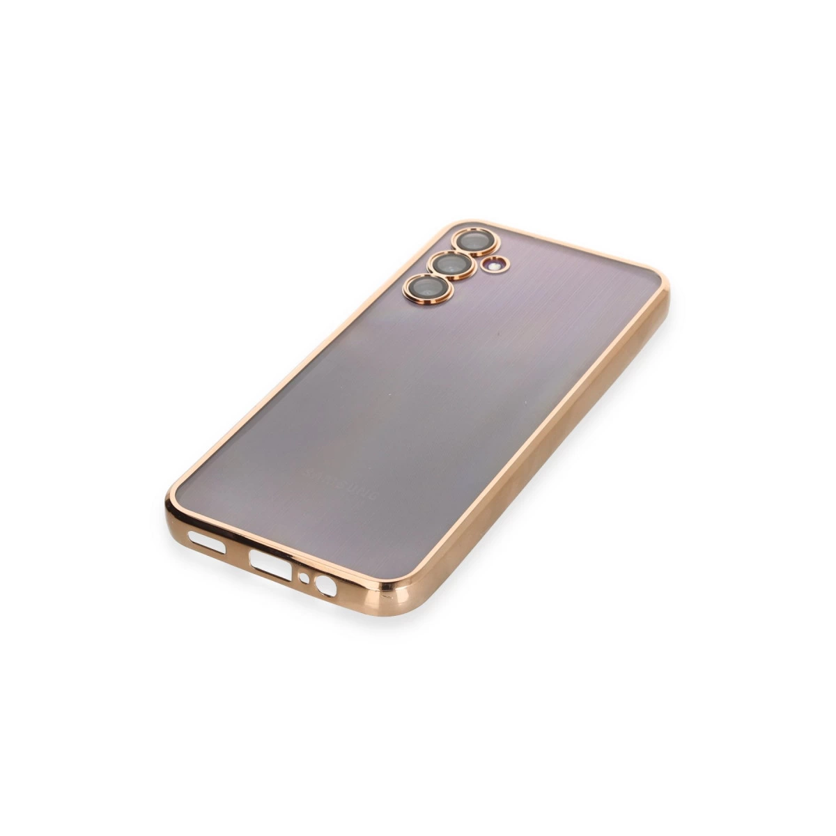 Altın çerçeveli, üç lensli gri Samsung telefon.