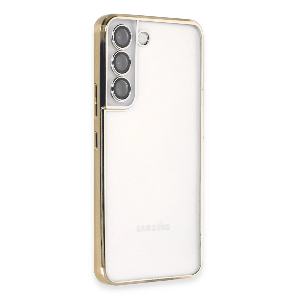 Altın kenarlı, üç kamera lensli şeffaf telefon kılıfı.