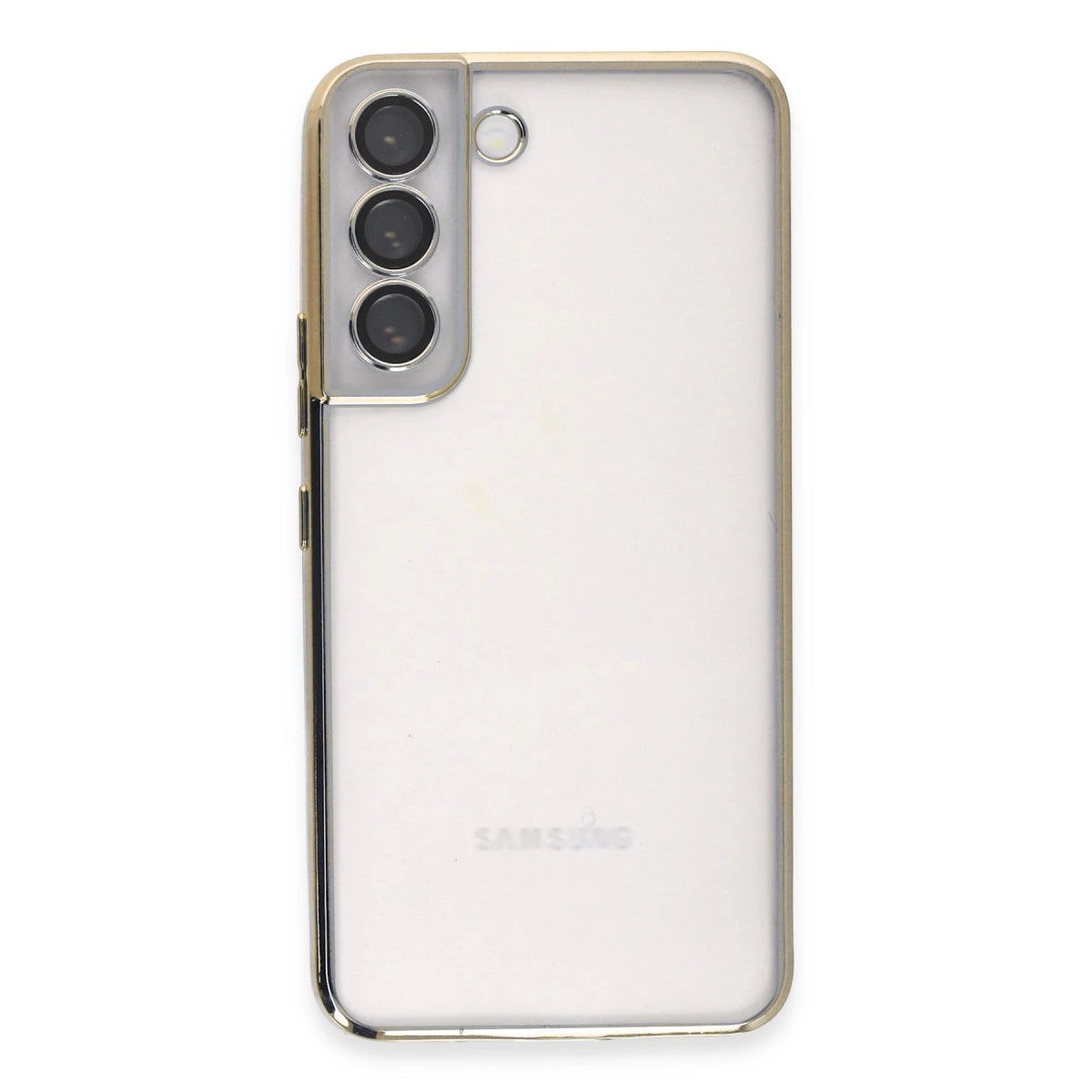 Altın çerçeveli, üç kameralı ve Samsung logolu şeffaf telefon kılıfı.