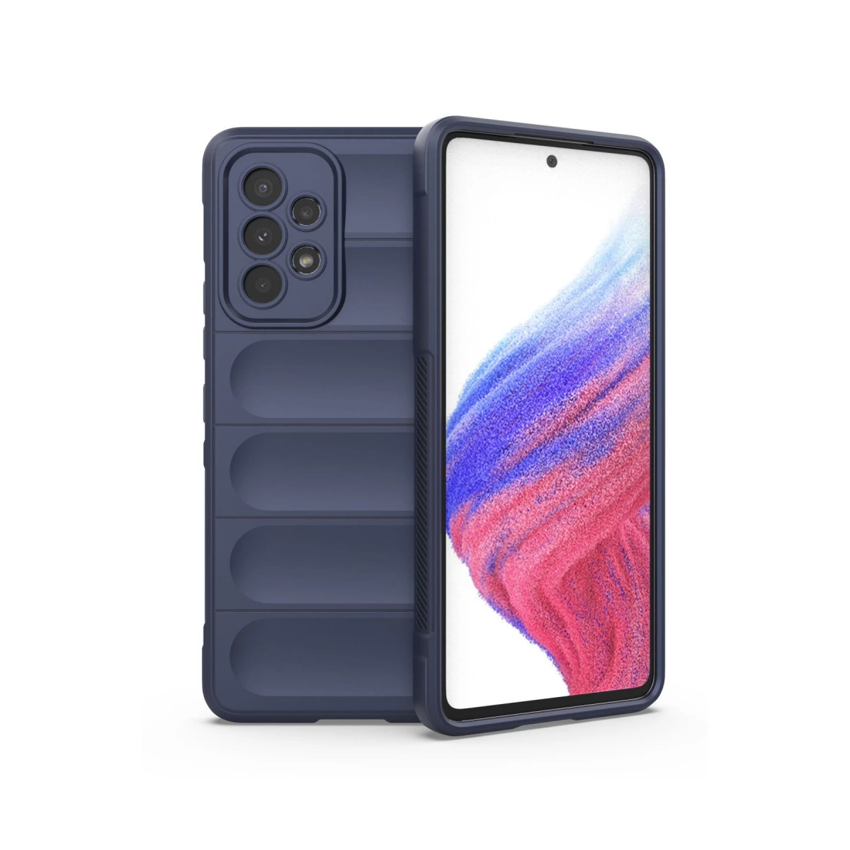 Kanallı ve kamera kesimli lacivert telefon kılıfı, renkli ekranlı bir akıllı telefonun yanında.