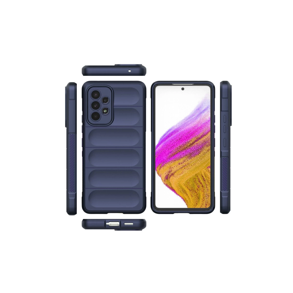 Yivli desenli lacivert telefon kılıfı, ön, arka ve yan görünümleri gösteriyor.