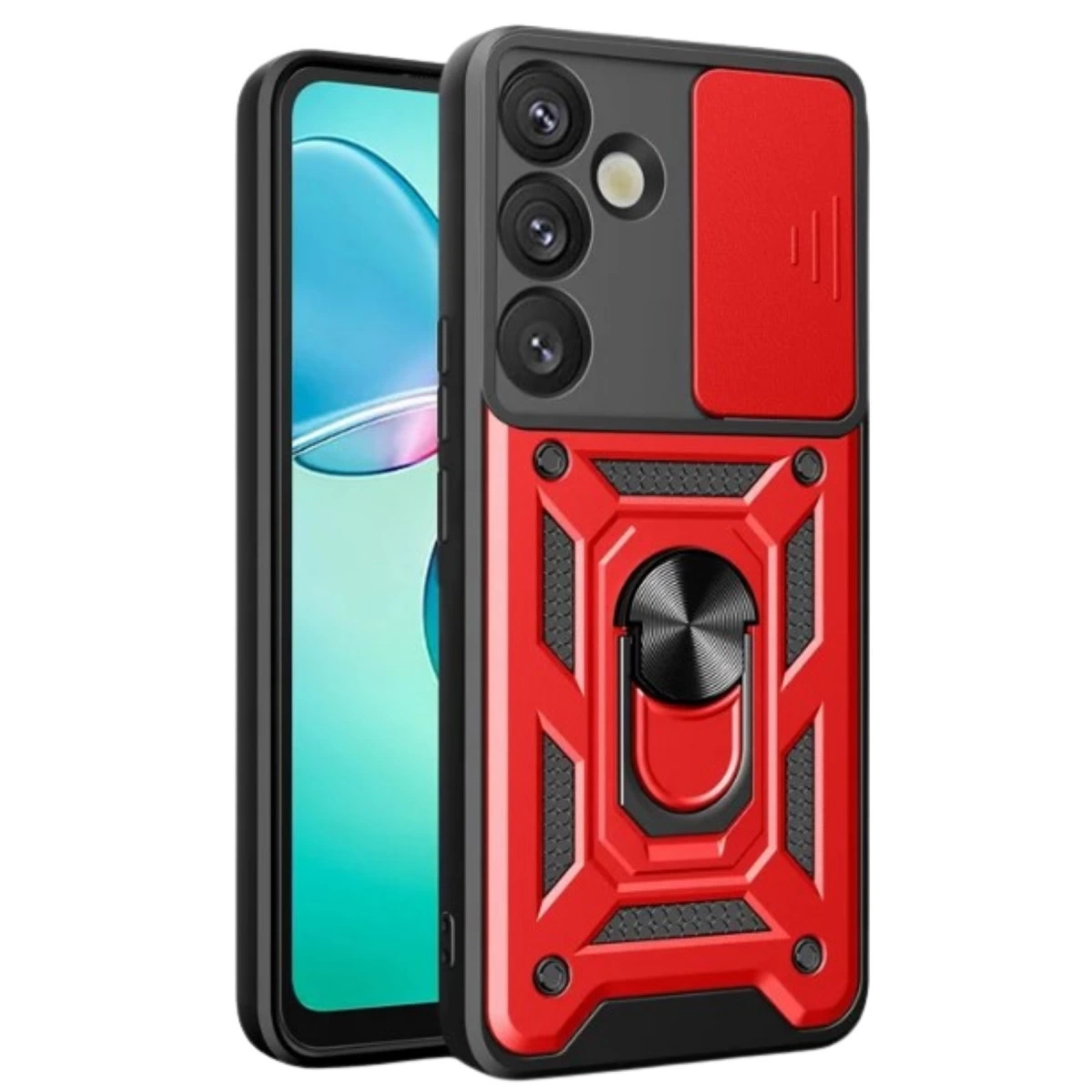 Halka tutuculu ve kayar kapaklı kırmızı telefon kılıfı.