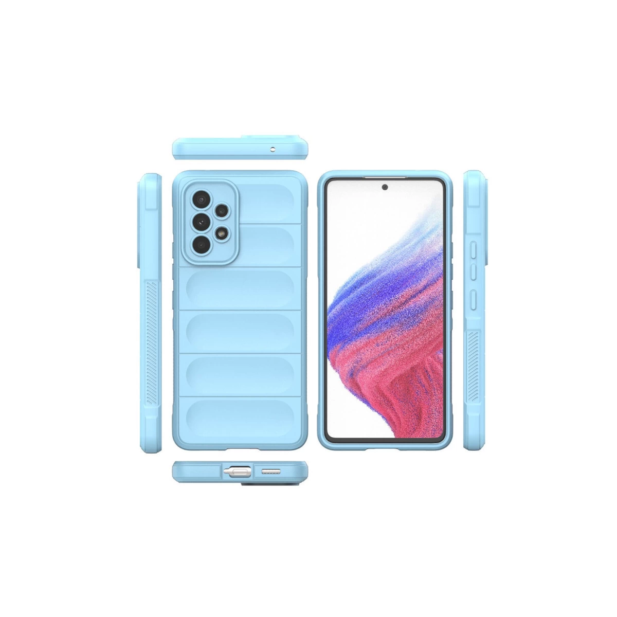 Kapitone desenli açık mavi telefon kılıfı.