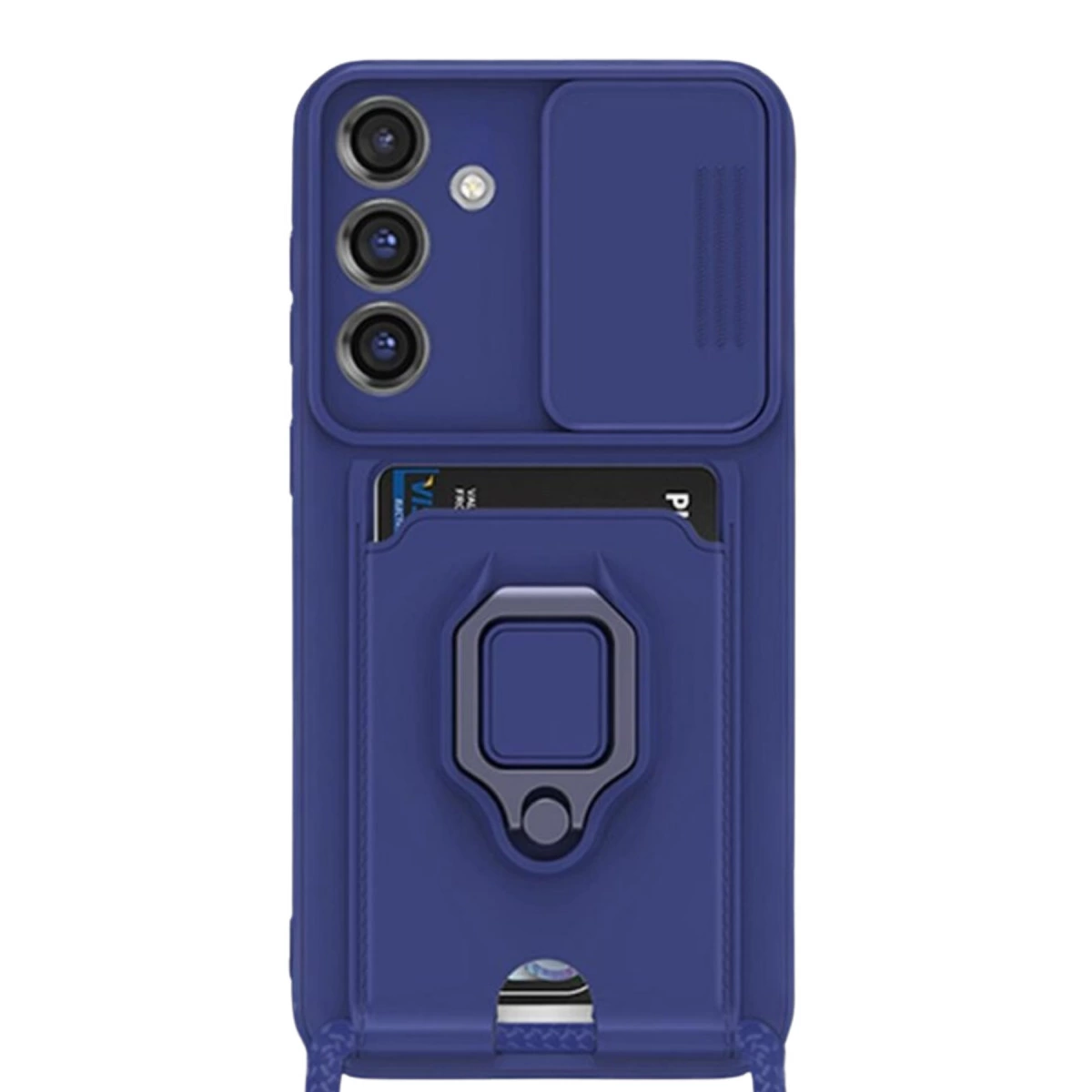 Üç kamera lensli, kayar kapaklı ve kart tutuculu lacivert telefon kılıfı.