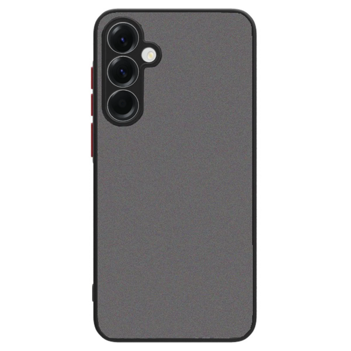 Arkada üç kamera lensi ve flaşı olan koyu gri telefon kılıfı.