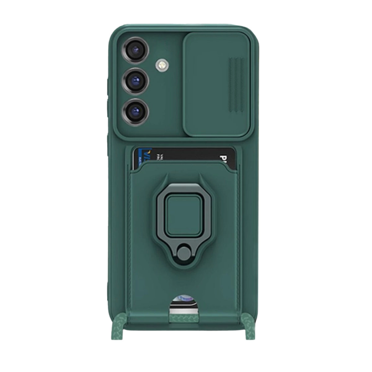 Üç kameralı, kayar kapaklı ve kart tutuculu koyu yeşil telefon kılıfı.