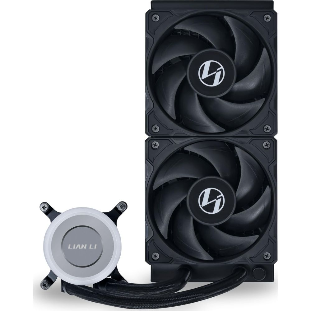 Een zwarte CPU-koeler met twee ventilatoren en een ronde pompkop met LIAN LI-logo.