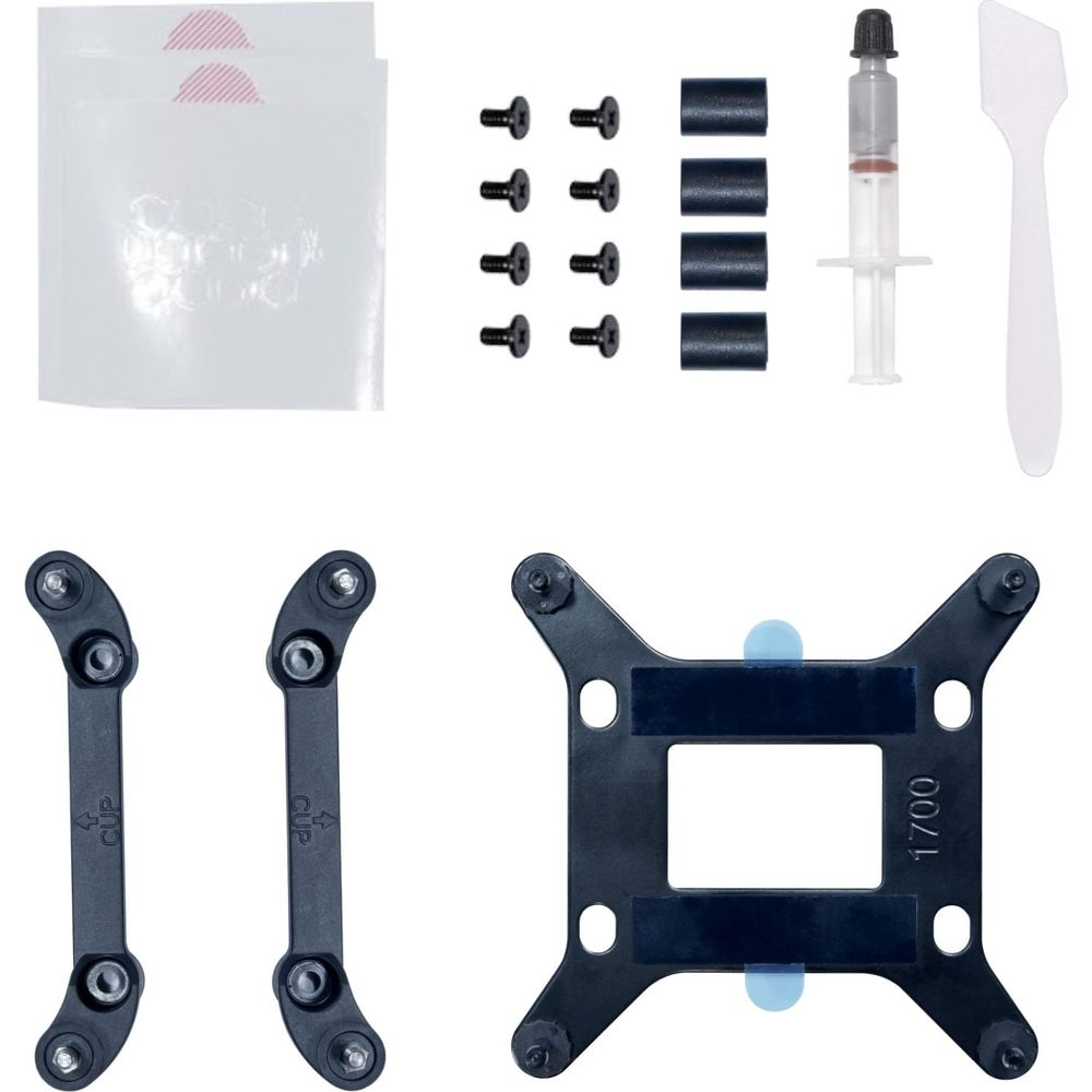 Zestaw montażowy chłodzenia PC ze śrubami, podkładkami, pastą termoprzewodzącą i wspornikami.