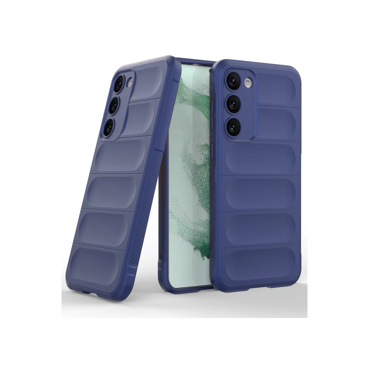 Kanallı desene sahip iki lacivert telefon kılıfı, biri dik, biri eğik duruyor.