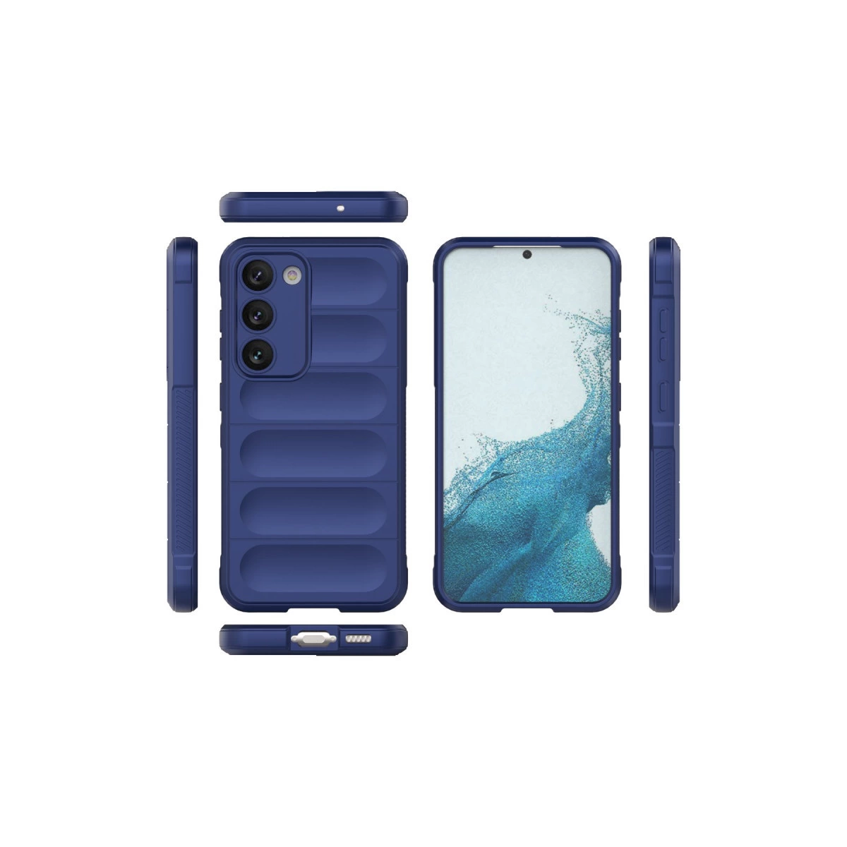 Üç kameralı, fitilli dokulu lacivert telefon kılıfı.