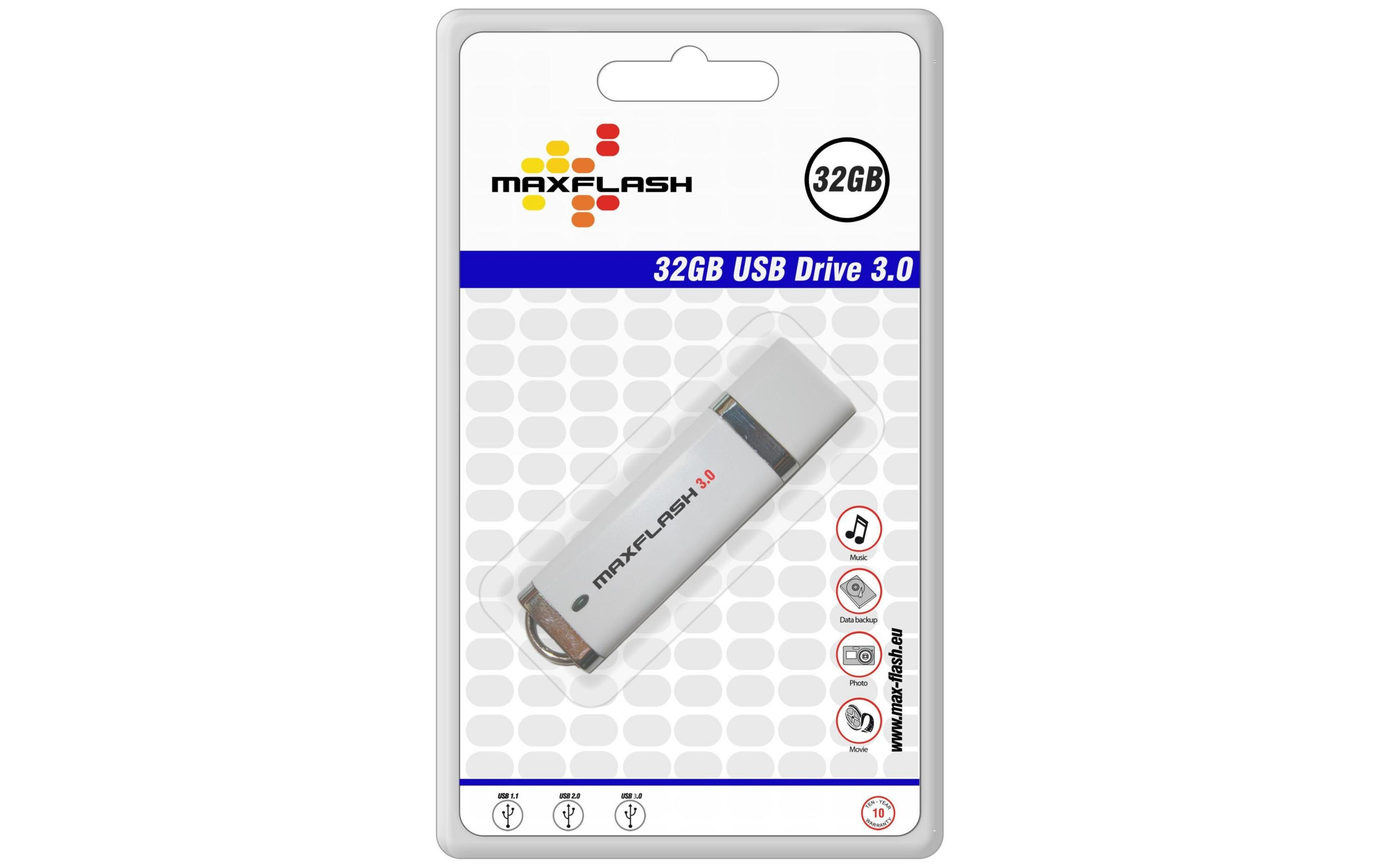Ein weißer 32GB USB-Stick von MAXFLASH mit silbernem Stecker, verpackt.