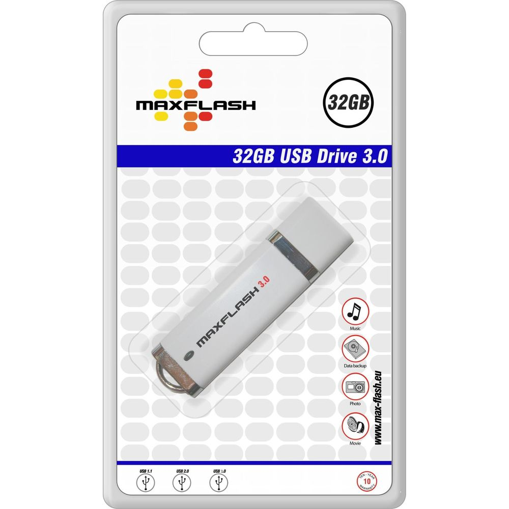 Verpackung eines 32GB USB-Sticks von Maxflash mit Logo und Produktinformationen.