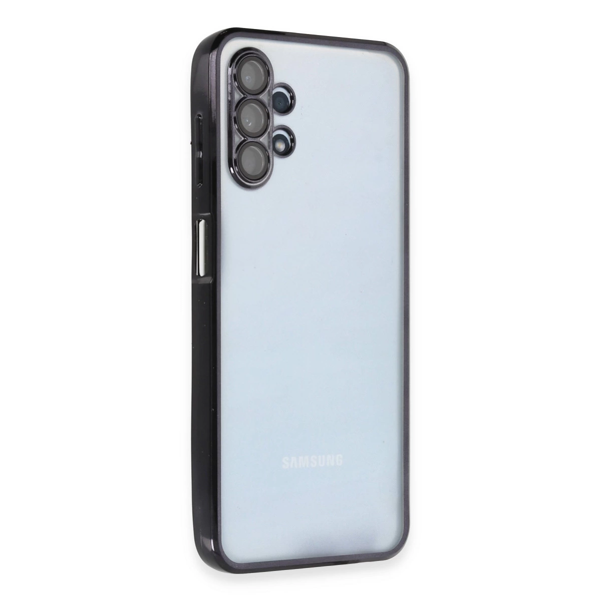 Siyah çerçeveli ve kamera modüllü şeffaf telefon kılıfı.