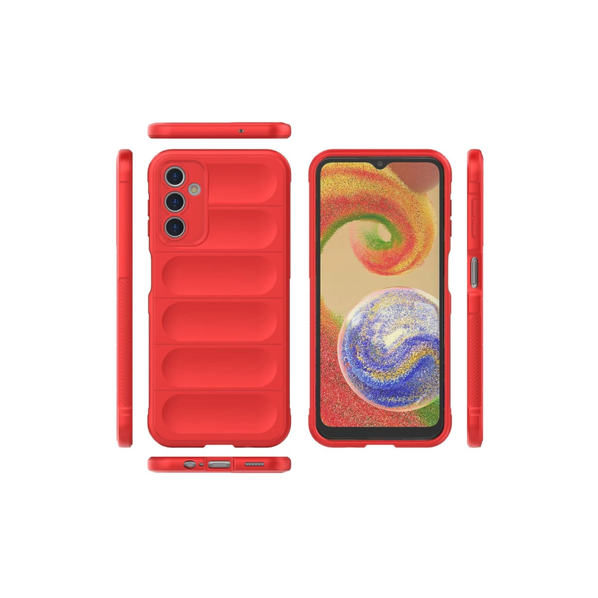 Kırmızı telefon kılıfı, ön, arka, yan ve üst görünümler, kamera boşluğu.