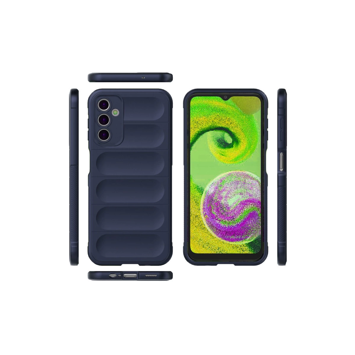 Arka kamera kesimli, yivli yan kenarlı lacivert telefon kılıfı.