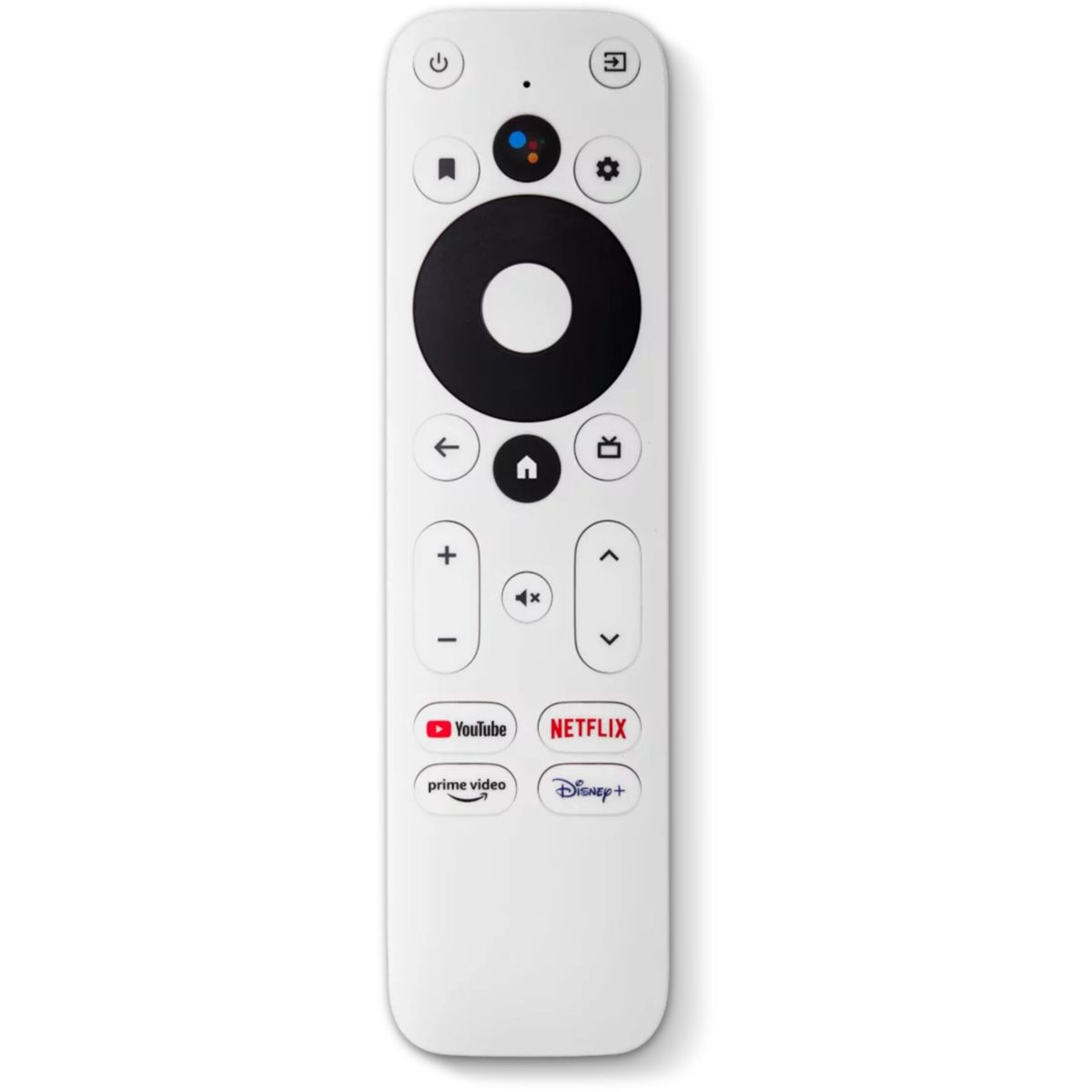 Un telecomando bianco con pulsanti per navigazione, volume e servizi di streaming.