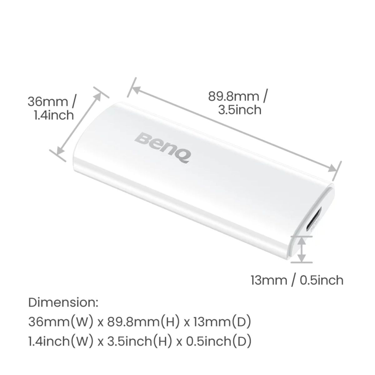 Un dispositivo BenQ bianco con dimensioni: 36x89,8x13mm.
