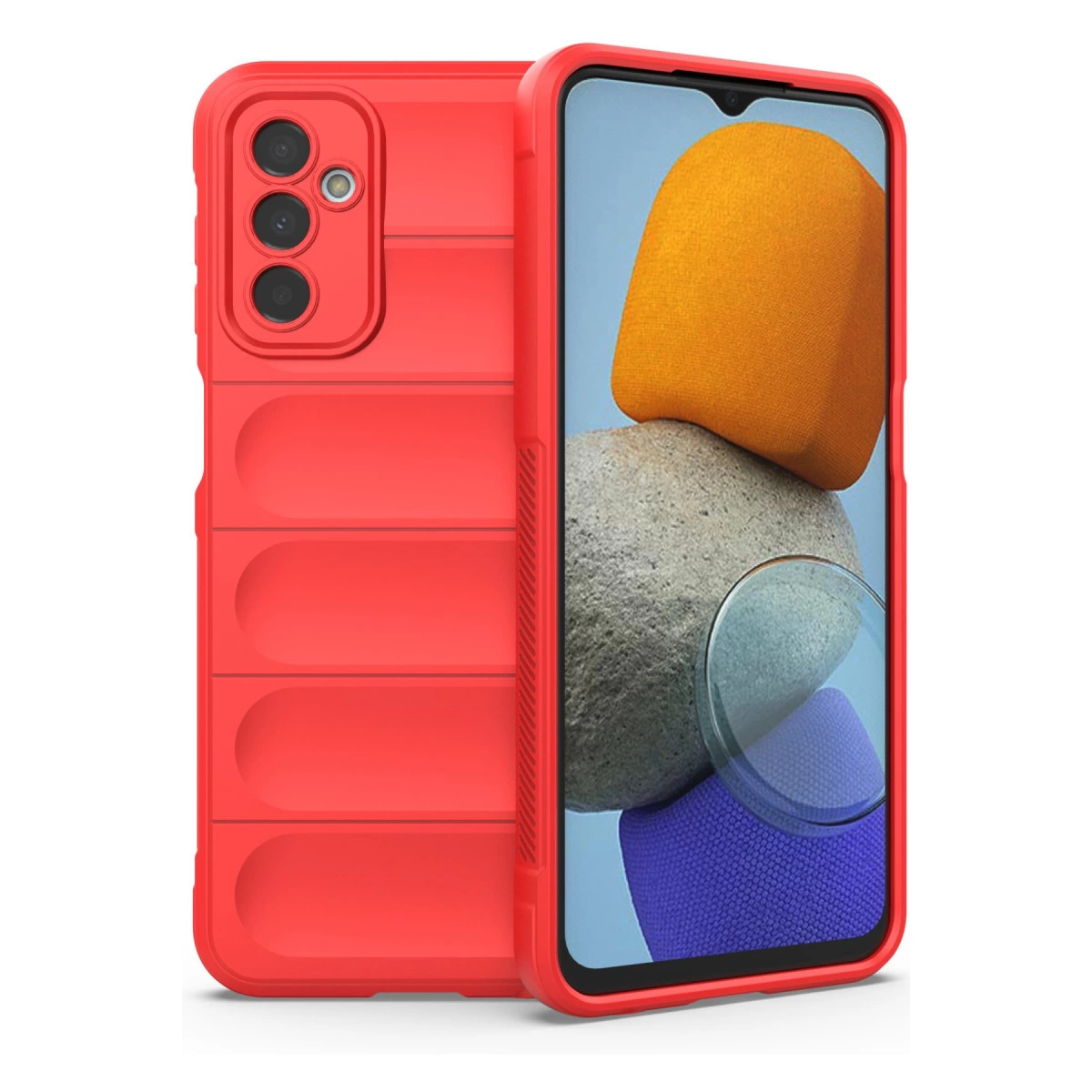 Kapitone desenli ve kamera çıkıntılı kırmızı telefon kılıfı. Telefon renkli şekiller gösteriyor.