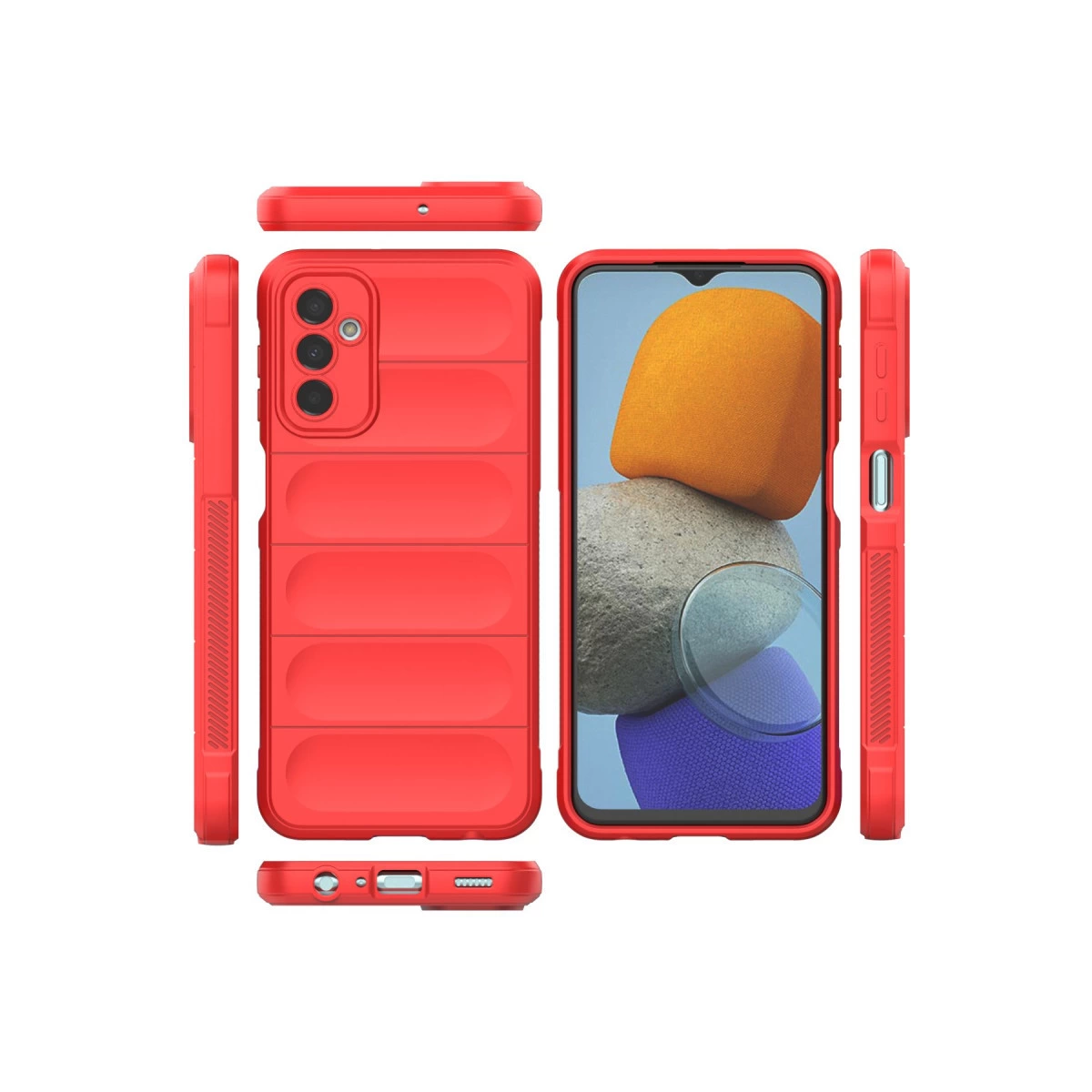 Yatay oluklu ve kamera kesimli kırmızı telefon kılıfı.