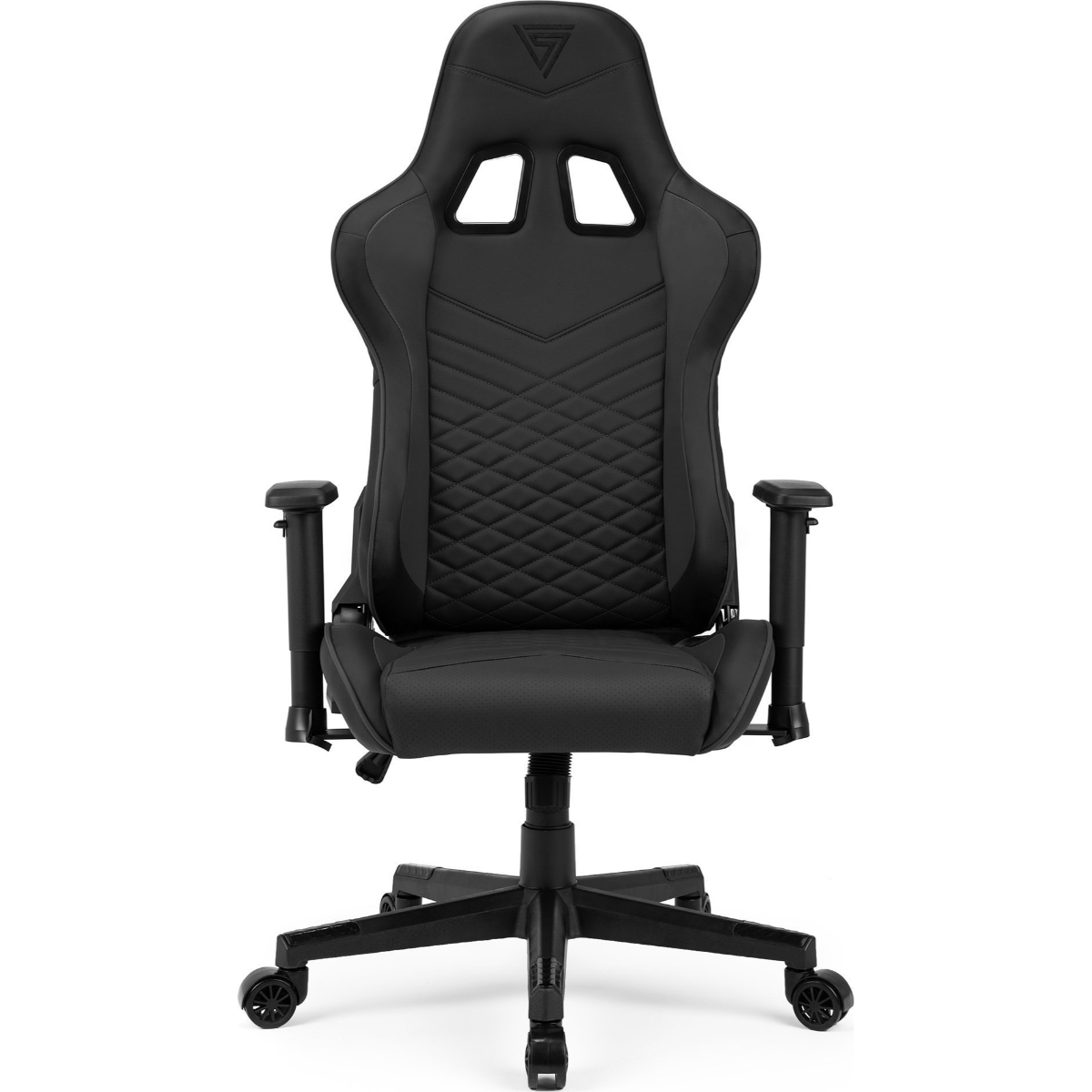 Una silla gamer negra con reposabrazos acolchados y asiento acolchado.