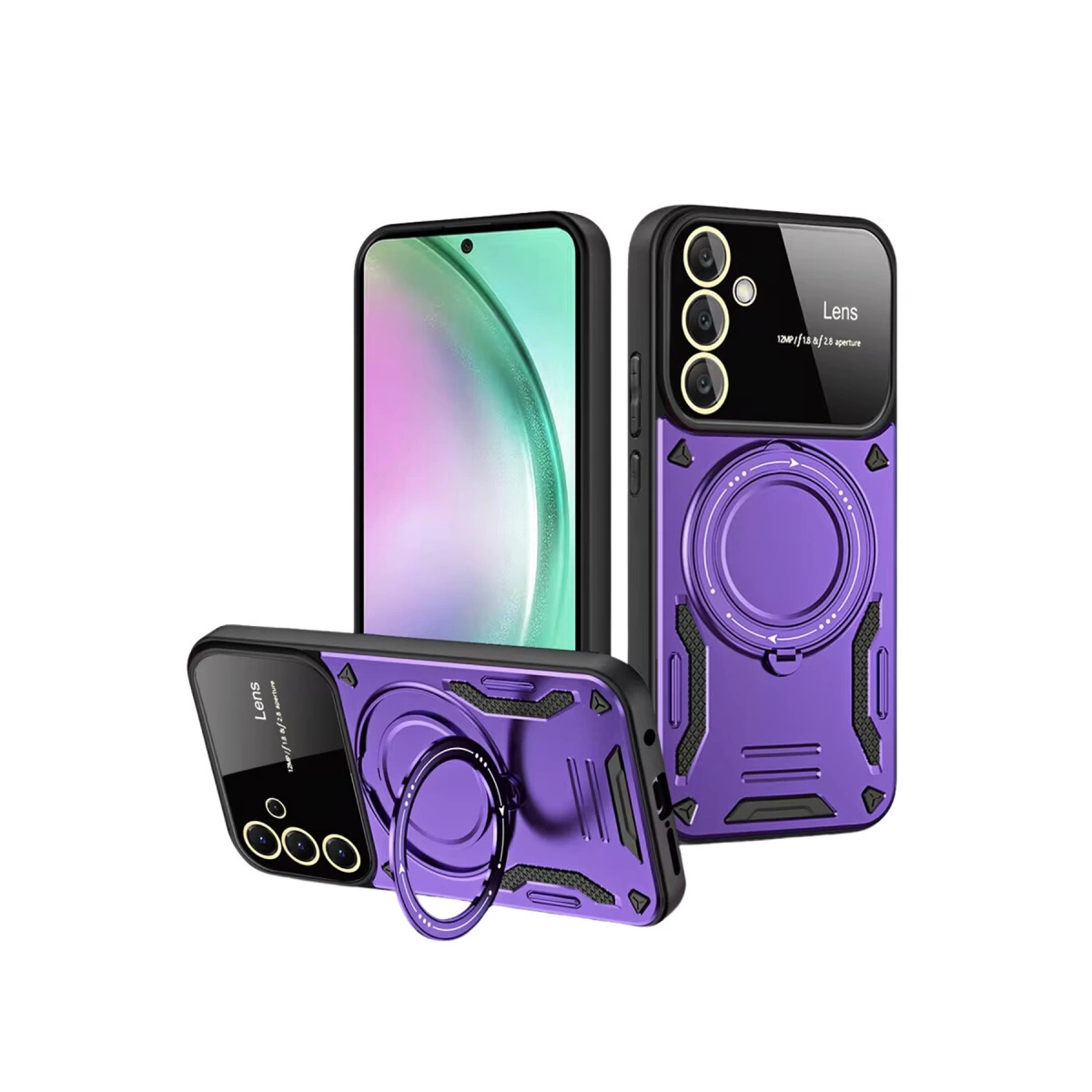 Halka tutuculu ve kamera korumalı mor telefon kılıfları.