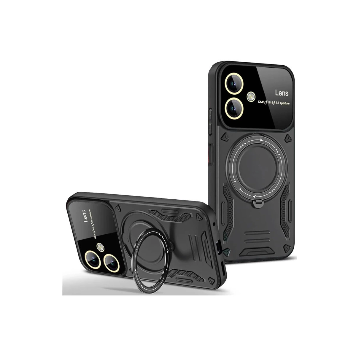 Halka tutuculu ve kamera tasarımlı siyah telefon kılıfı.