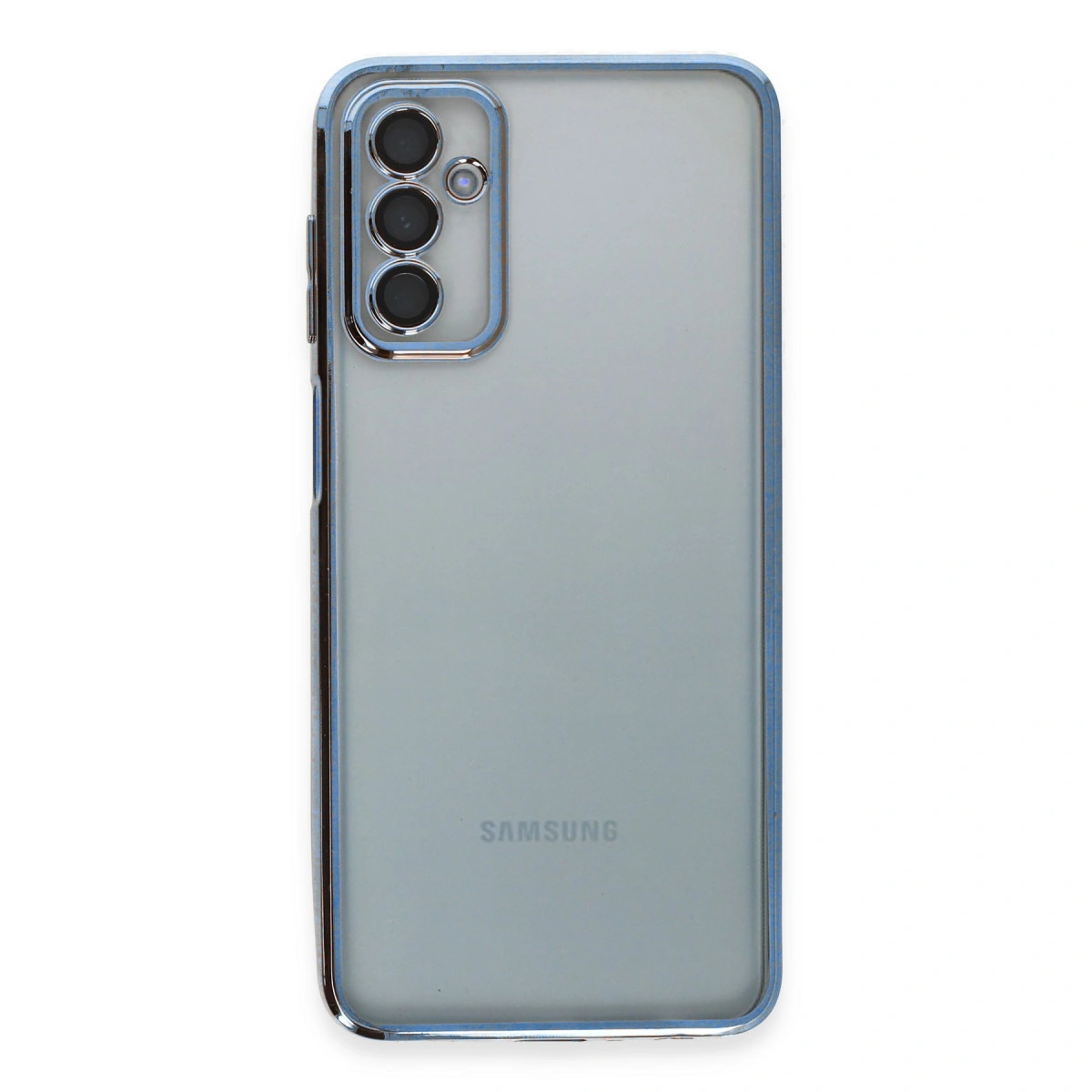 Üçlü kameraya ve mavi çerçeveye sahip açık gri Samsung telefonun arkası.