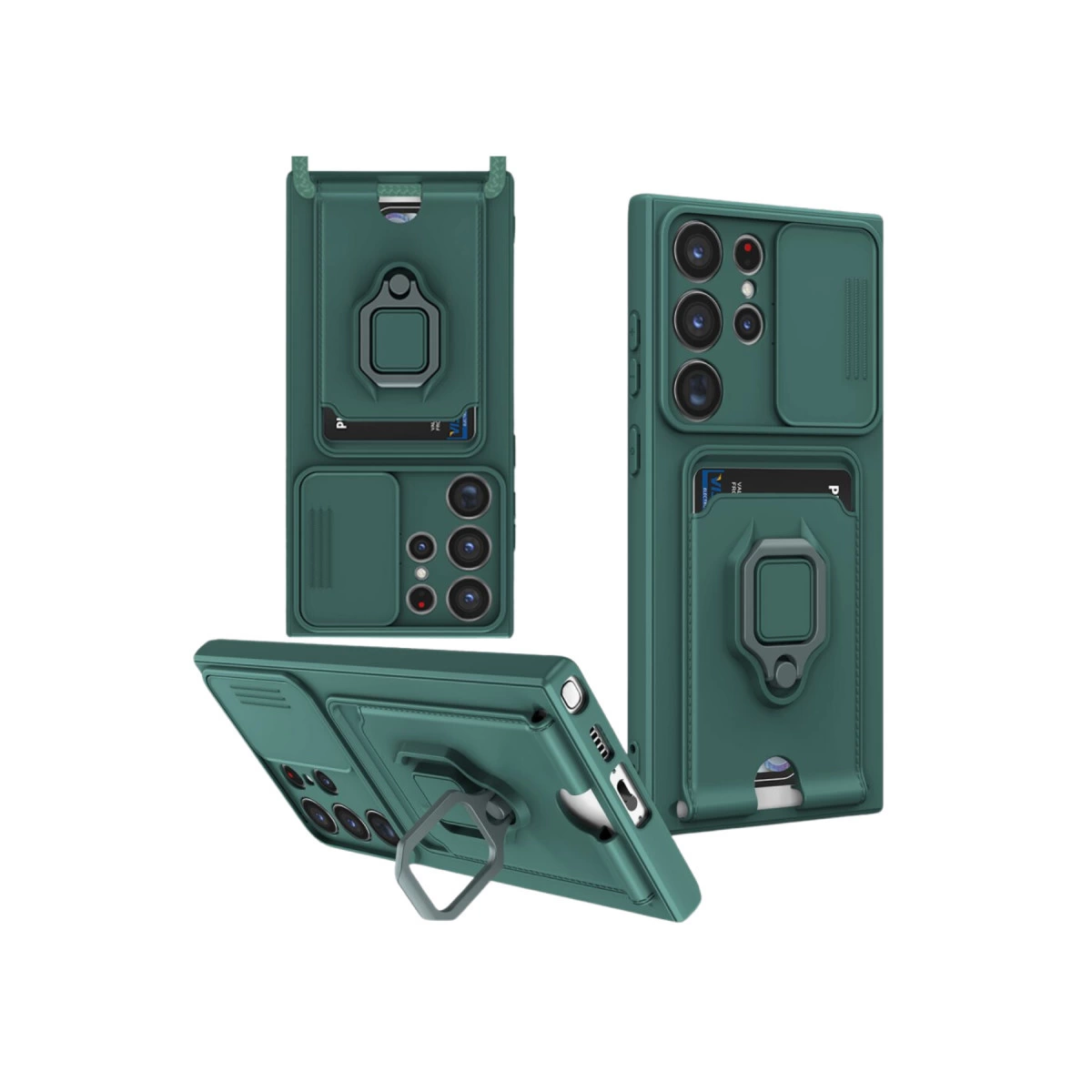Kart tutuculu ve halkalı üç yeşil telefon kılıfı.