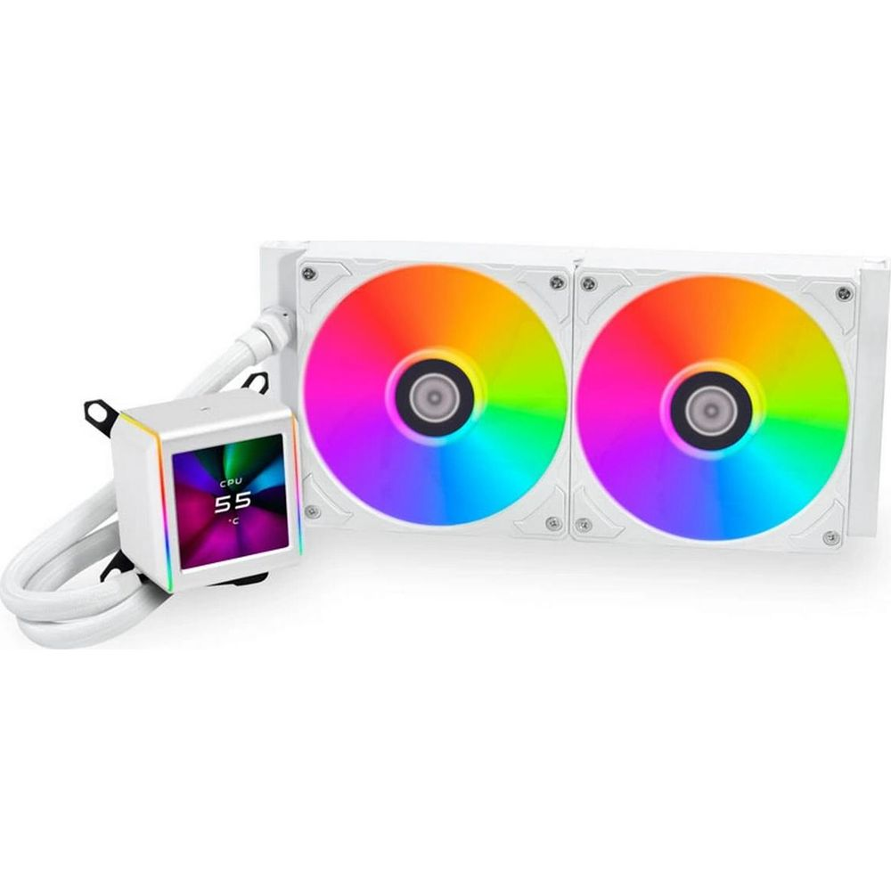 Een witte CPU-koeler met twee regenboogverlichte ventilatoren en een klein display.