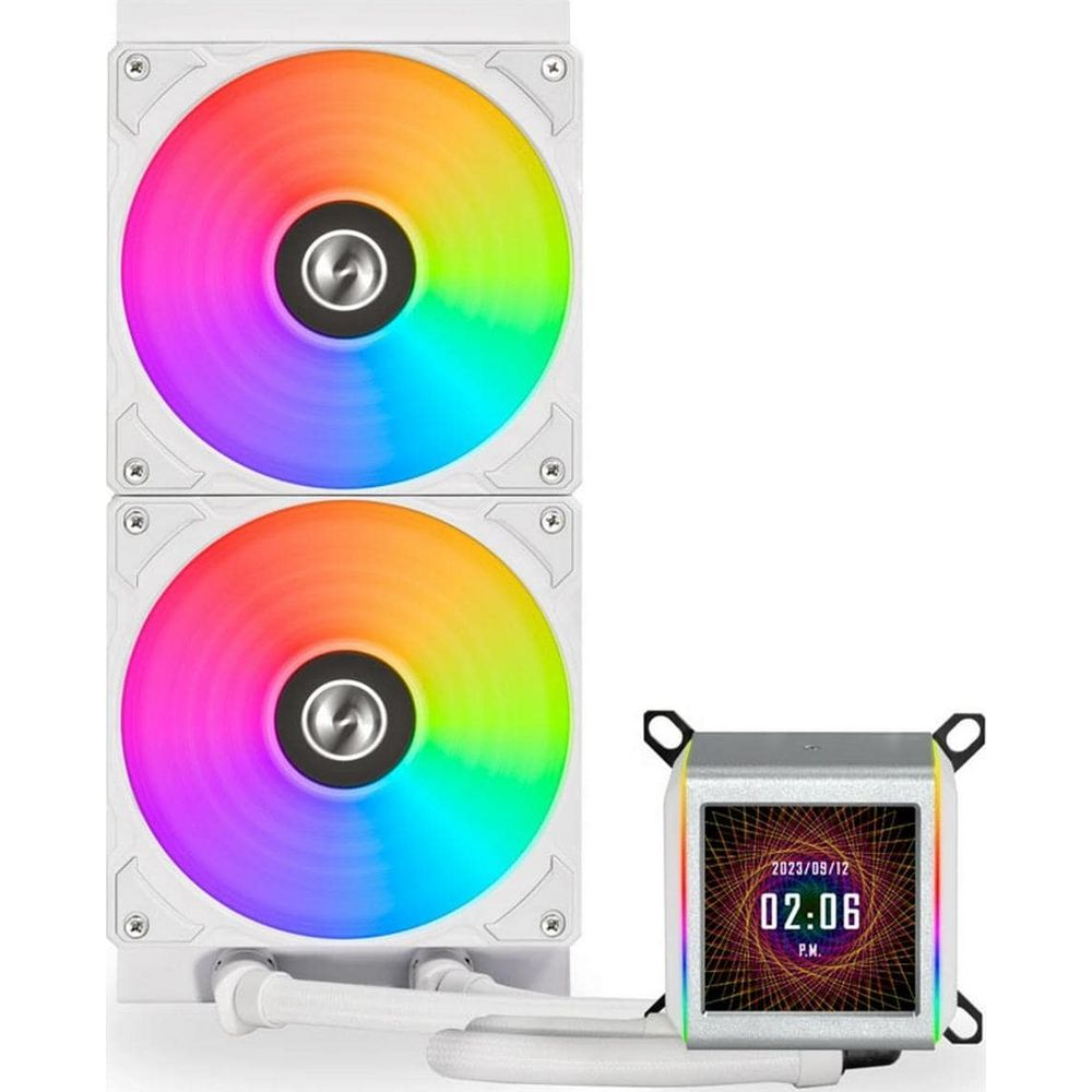 Twee witte ventilatoren met kleurrijke RGB-verlichting en een kleine pomp met scherm.