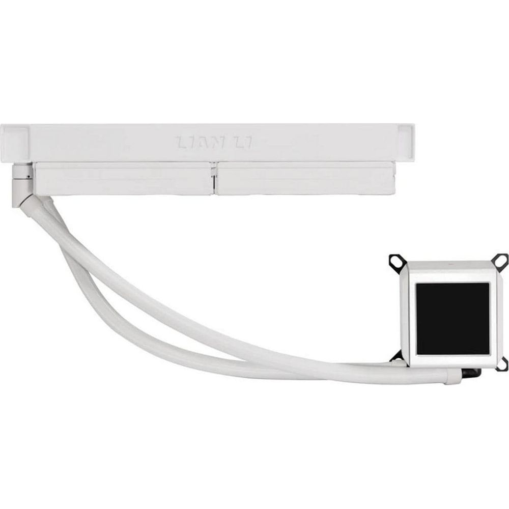 Een witte CPU-koeler met slangen en een vierkante pompbak.