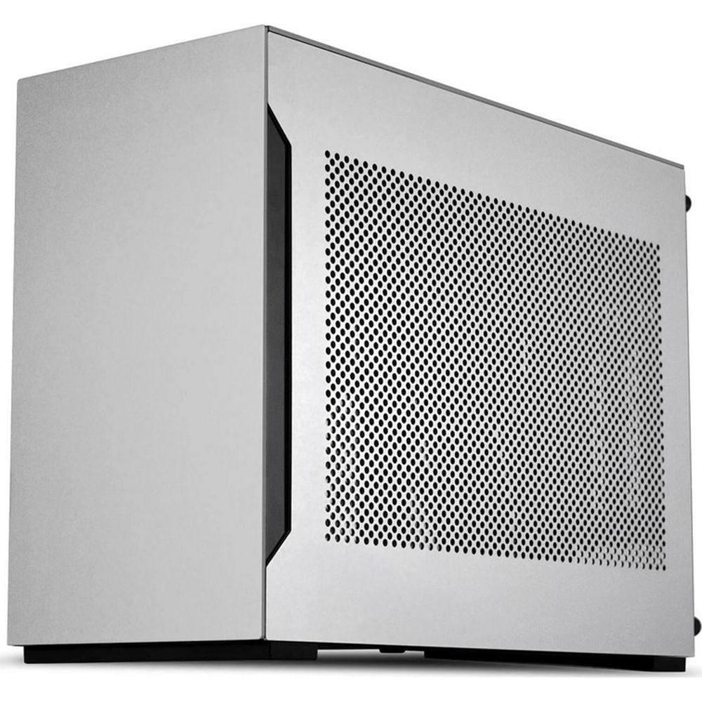 Un case per computer argentato con pannello laterale ventilato.