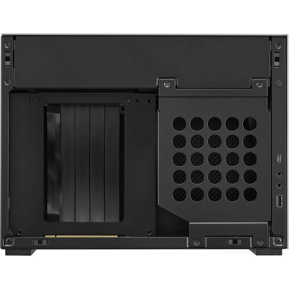 Vista posteriore di un case per computer nero con prese d'aria e porte.
