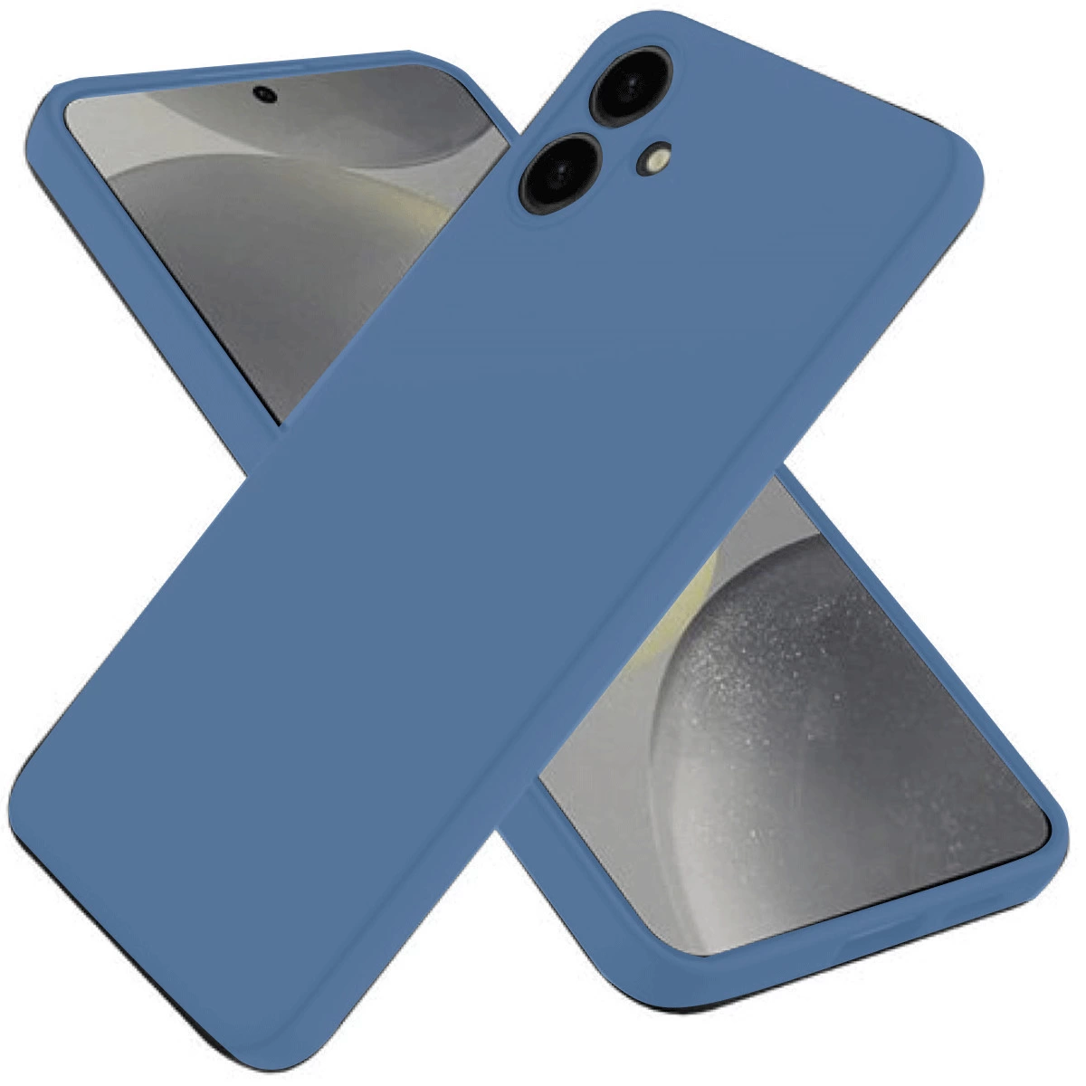 Üst üste çaprazlanmış iki mavi telefon kılıfı. Arka kısımda iki kamera bulunur.