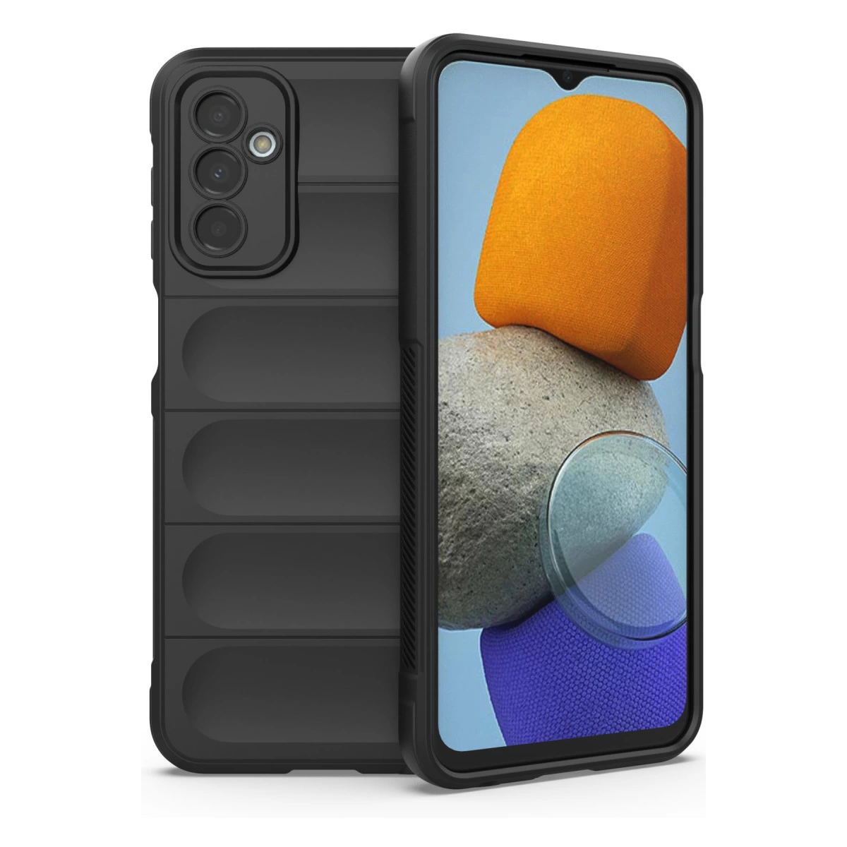 Doku kaplı arkası ve görünen akıllı telefon ekranı olan siyah telefon kılıfı.