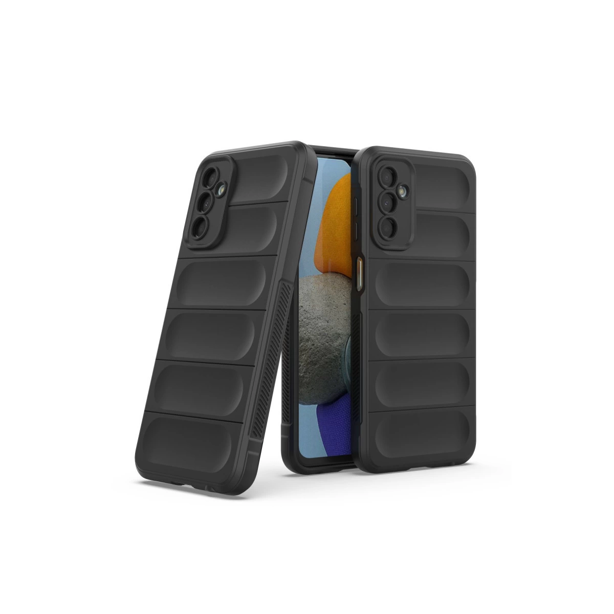 Yastıklı tasarıma sahip iki siyah telefon kılıfı.