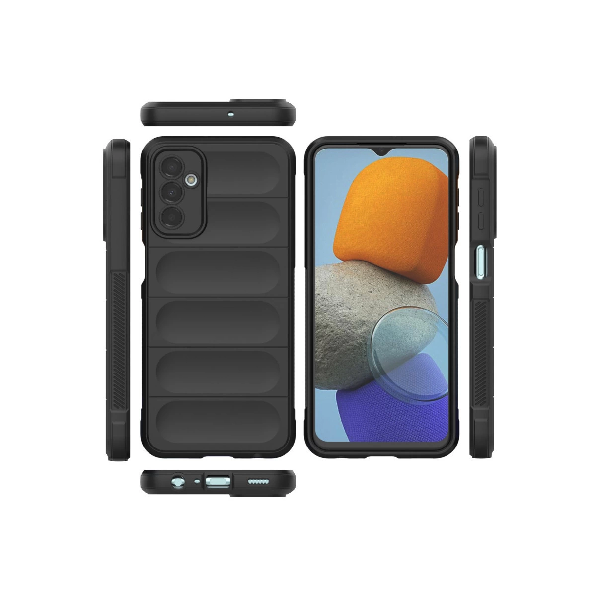 Kamera oyuntulu ve yatay çıkıntılı siyah telefon kılıfı, farklı açılardan gösterilmiştir.