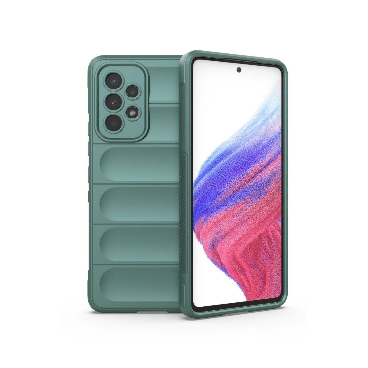 Arkası nervürlü, kamera modülüne sahip koyu yeşil bir telefon.