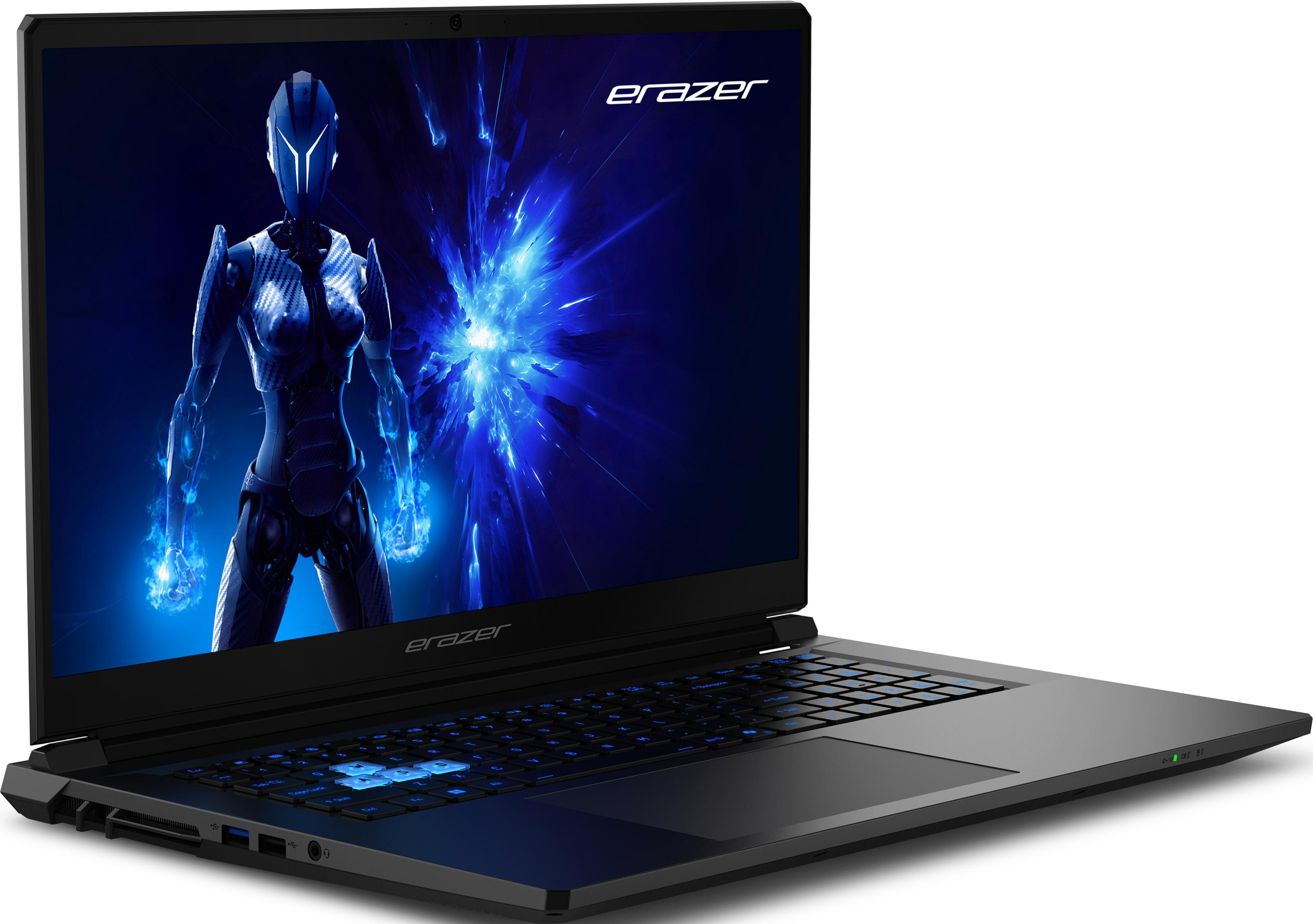 Ein schwarzes Gaming-Laptop mit blau beleuchteter Tastatur und einem Bildschirm, der einen blau leuchtenden Roboter vor dunklem Hintergrund zeigt.