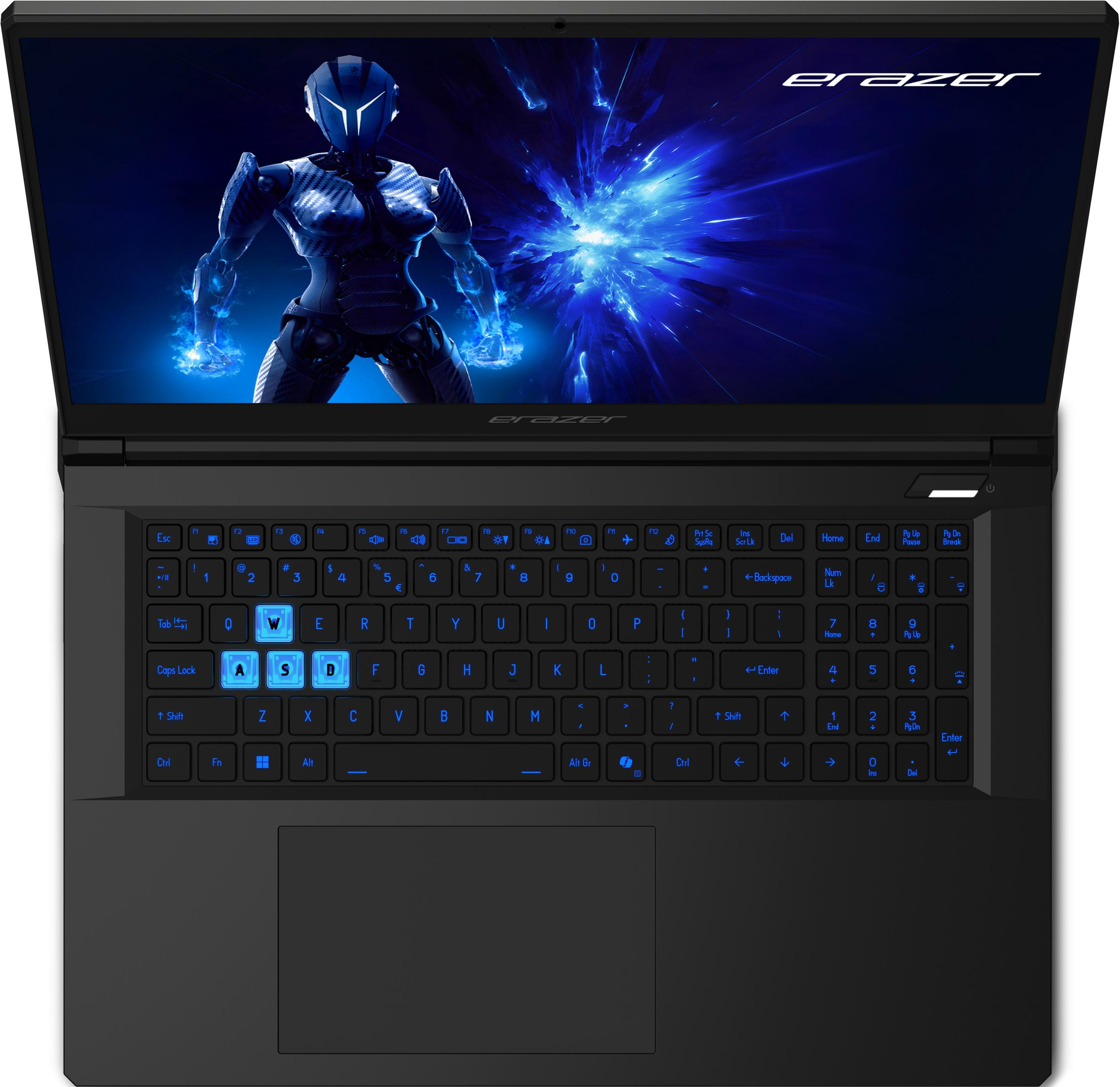 Ein schwarzer Laptop mit leuchtend blauer Tastatur und einem Sci-Fi-Avatar auf dem Bildschirm.