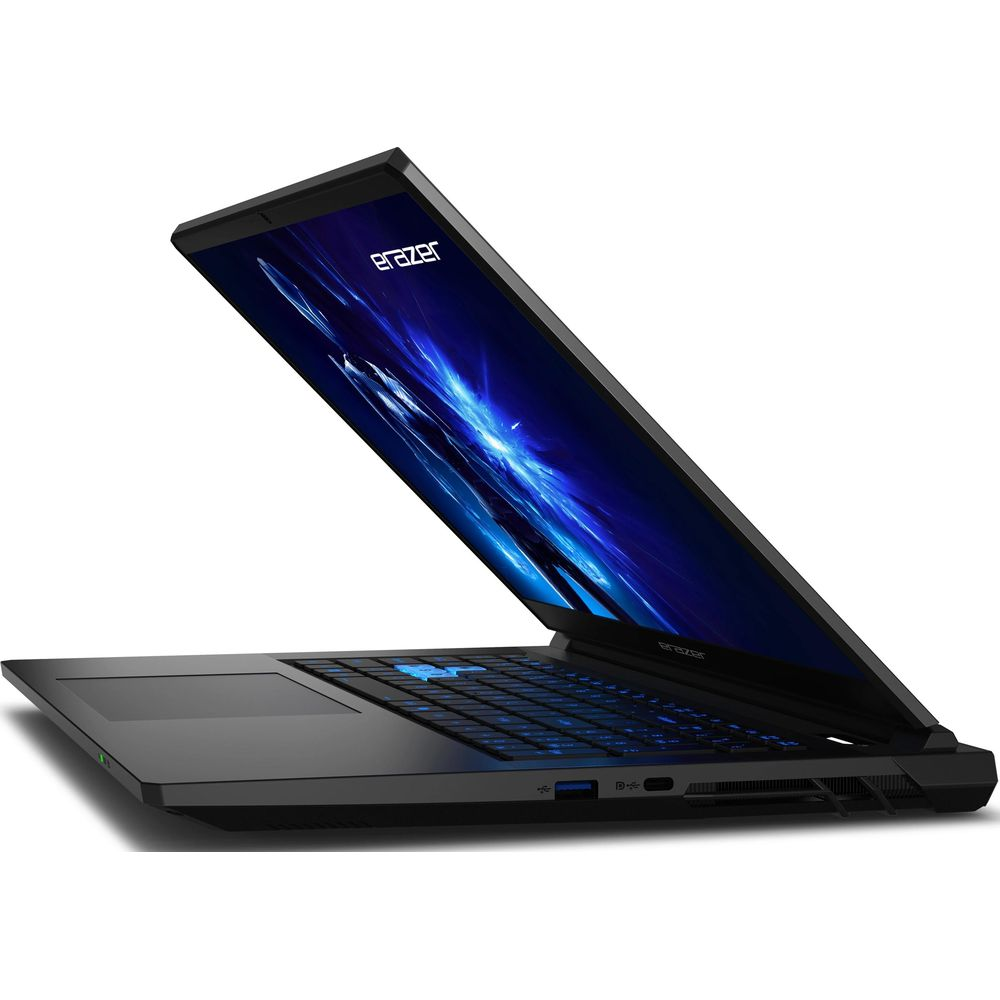 Schwarzer Laptop mit beleuchteter Tastatur und blauer Grafik auf dem Bildschirm.